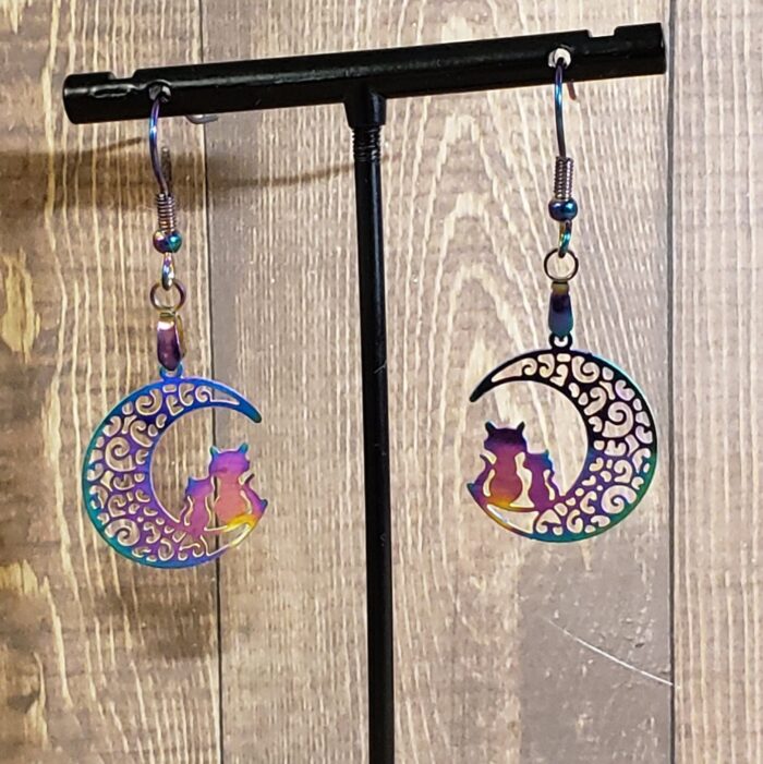 Cats on crescent moon rainbow stainless steel earring set dangle