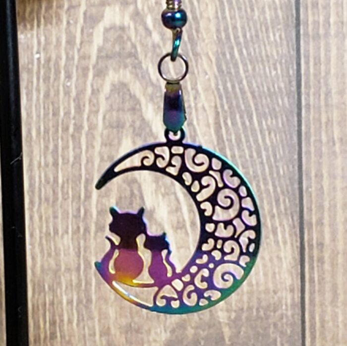 Cats on crescent moon rainbow stainless steel earring set dangle - Image 2