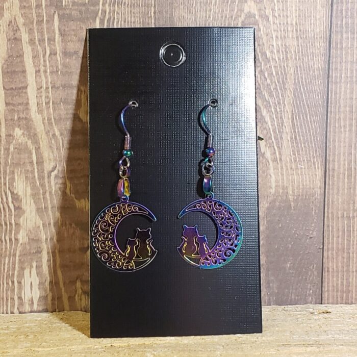 Cats on crescent moon rainbow stainless steel earring set dangle - Image 3